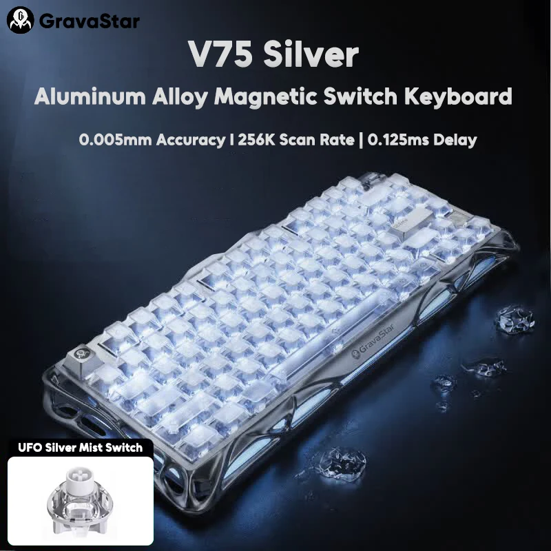 Gravastar Mercury V75 Silver Wired Gaming Magnetic Mechanical Keyboard 75% Aluminum RT0.005mm 0.125MS UFO Switch Gamer Keyboard
