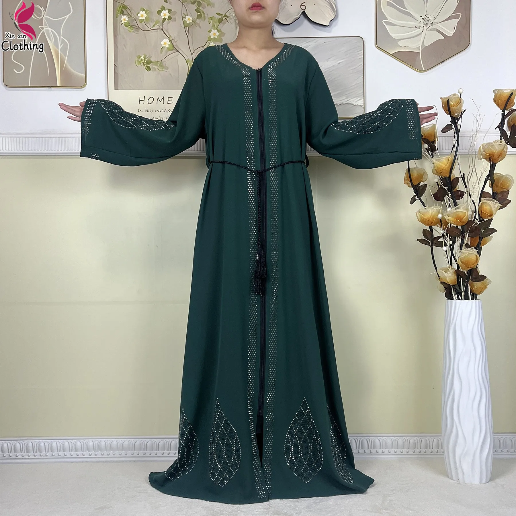 2025 neue Dubai Muslimischen Elegante Party Kleid Offenen Reißverschluss Abaya Islam Frauen Kleidung Lange ärmel Lose Chiffon Stoff Afrikanisches Kleid