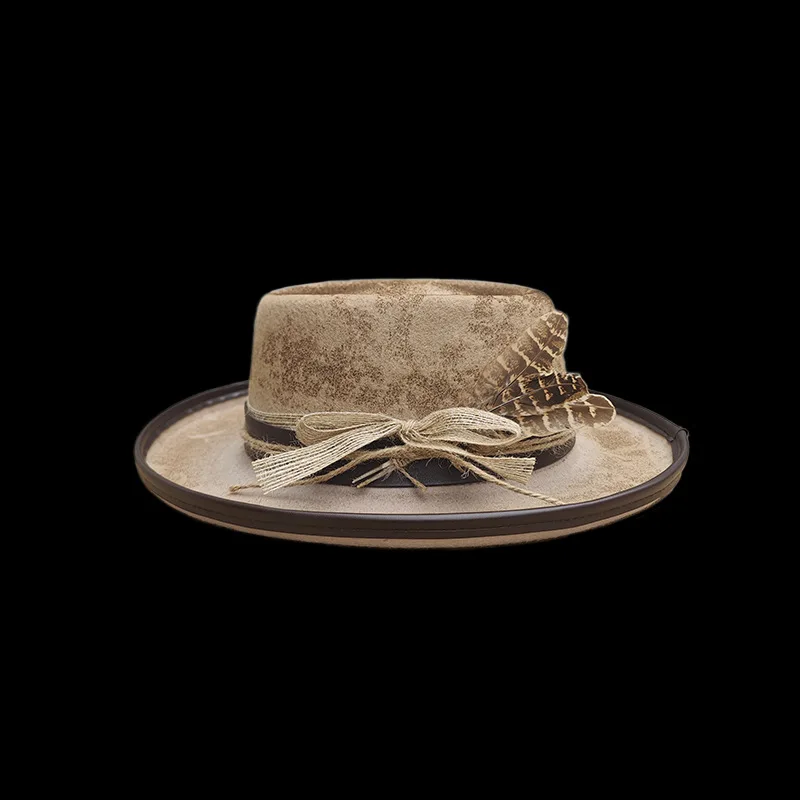 Cotton and Linen Rope Decorated Wool Hat European and American Pork Pie Sheep Felt Hat