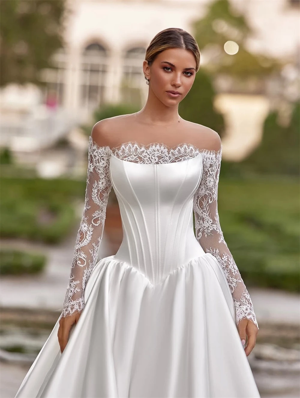

Customized Boho White Satin Wedding Dress Formal Strapless Long Sleeves Bridal Gowns Soft A-Line Court Train Vestido De Novia