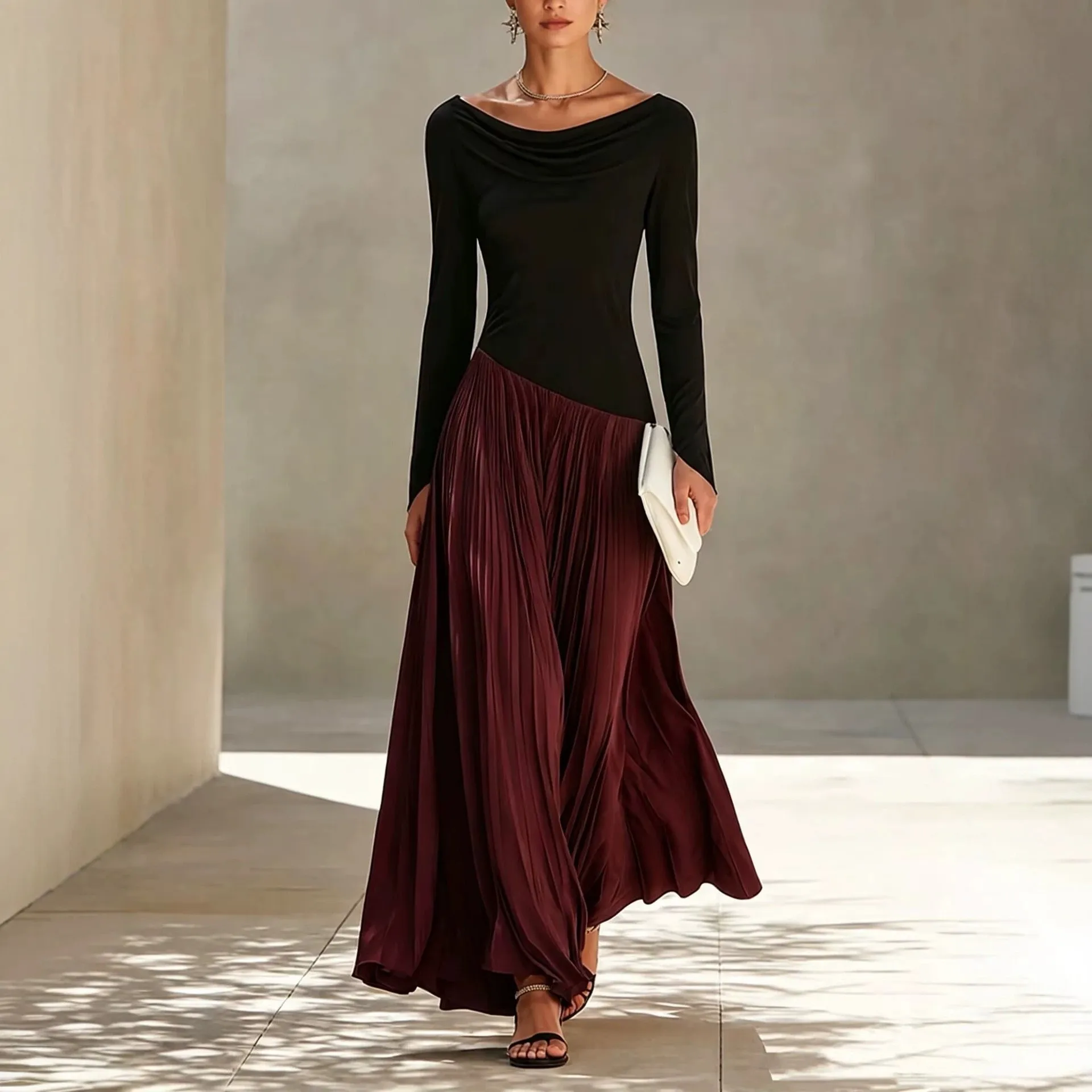 Long Sleeve High Waist Gown a Line Silhouette Commuter Chic with Dance Performance Dress Autumn Social Gathering Dress for Women