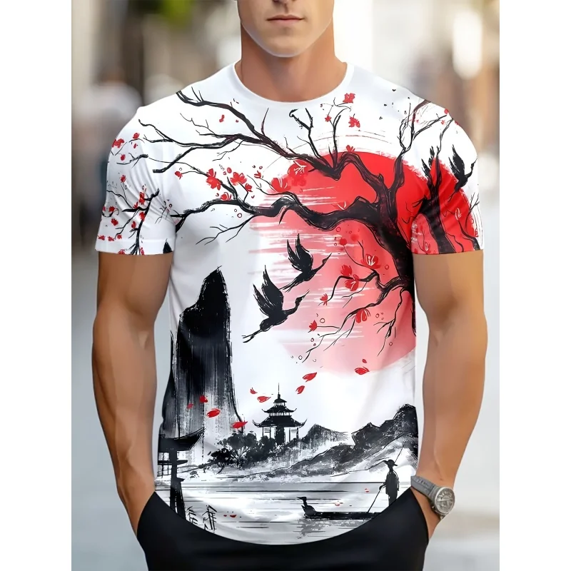 

Men'S Trendy Graphic T-Shirt Featuring Design of Chinese Cherry Blossom Landscape Casual T shirt Men Women's Shirts Kids Tshirt