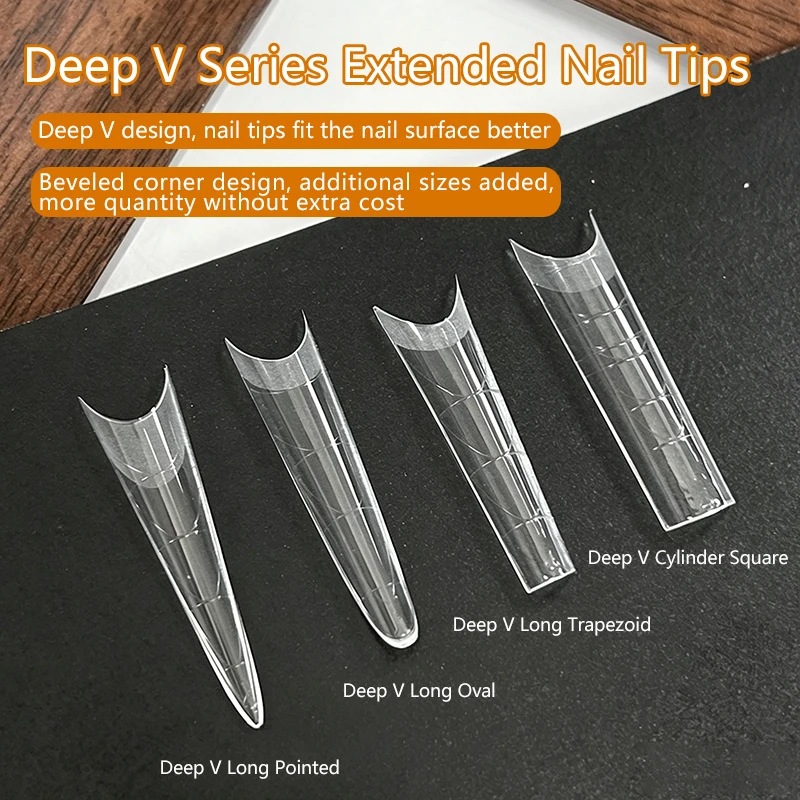Deep V Nail Tips with Guide Lines, Ultra-Thin Shallow Fit Extension Forms, Long Stiletto Oval Coffin for Acrylic Nails