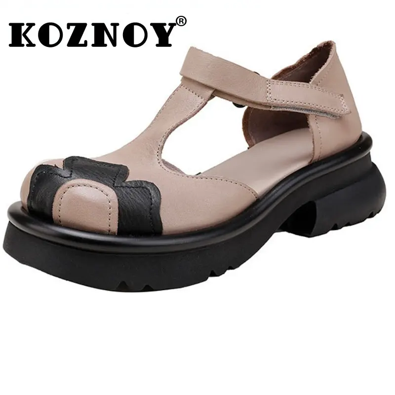 

Koznoy 5.5cm Natural Genuine Leather Ethnic Summer Women Pumps Platform Wedge Luxury Elegant Females Moccasins Hook Ladies Shoes