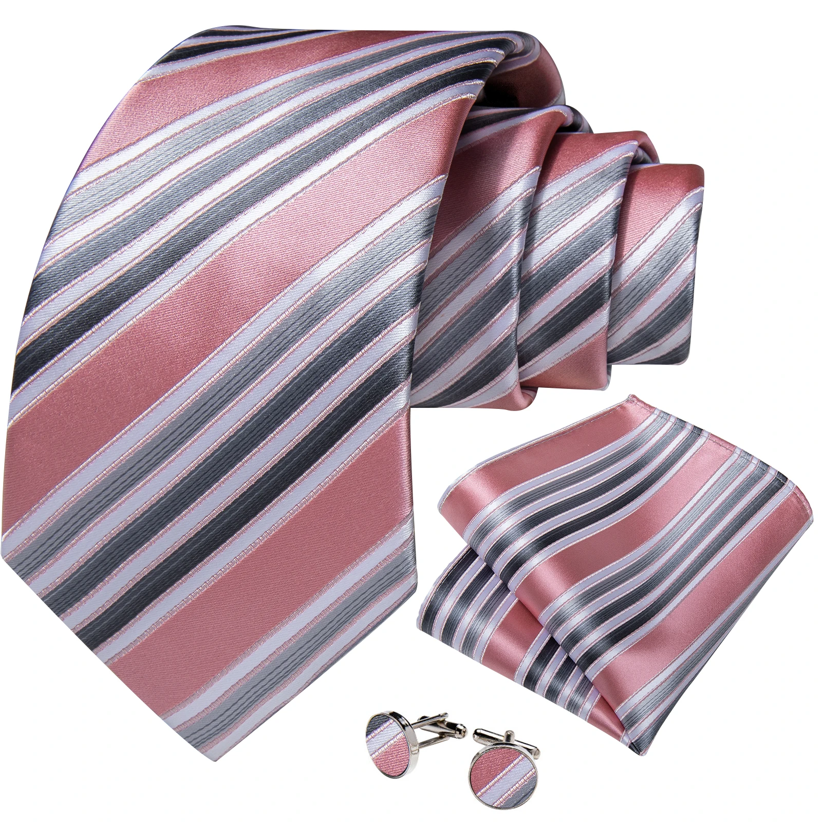 Pink Gray White Striped Fashion Silk Tie Set Handkerchief Cufflinks Gift For Men Accessories Dropshipping Wholesale