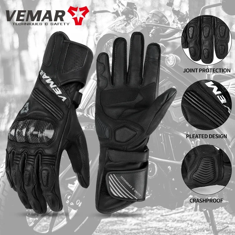 

VEMAR Long Style Motorcycle Gloves, Leather with Carbon Shell Protection, All-Weather Breathable Touchscreen Riding Moto Gloves