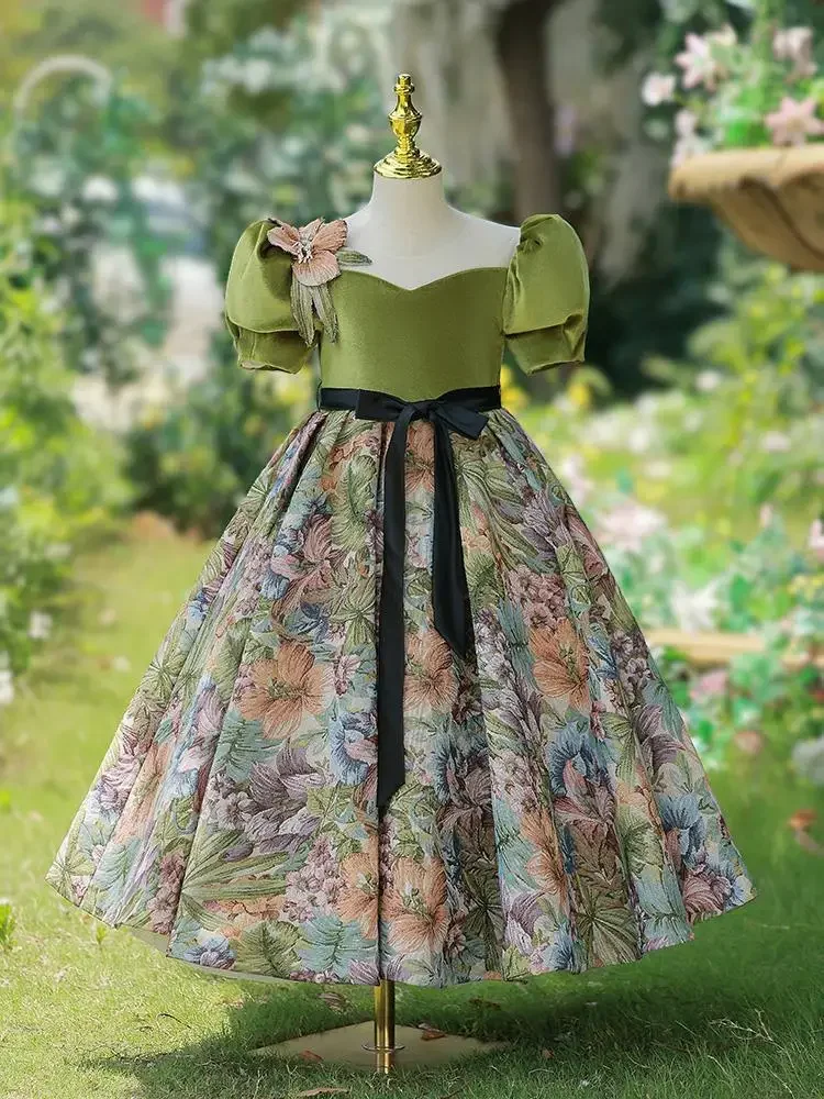 Vintage Ball Gowns for Little Girls Kids Girl Patchwork Floral with Bowknot Dress Teenagers Elegant Prom Party Dresses Kid Frock