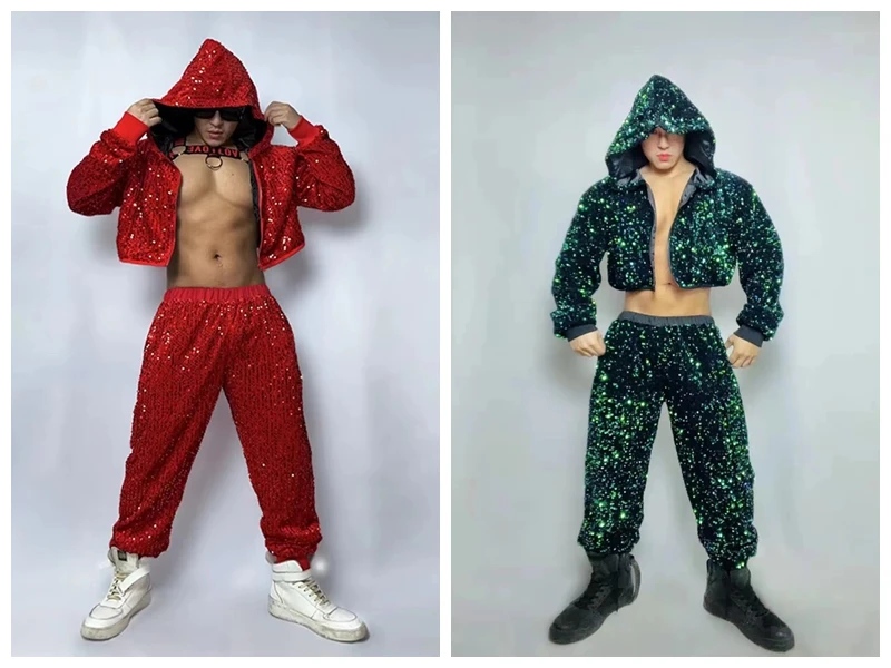 Male Red Green Sequins Hip Hop Dance Nightclub Bar Singer Dancer Stage Costume Glitter Hooded Zipper Jacket Pants 2pcs Outfits