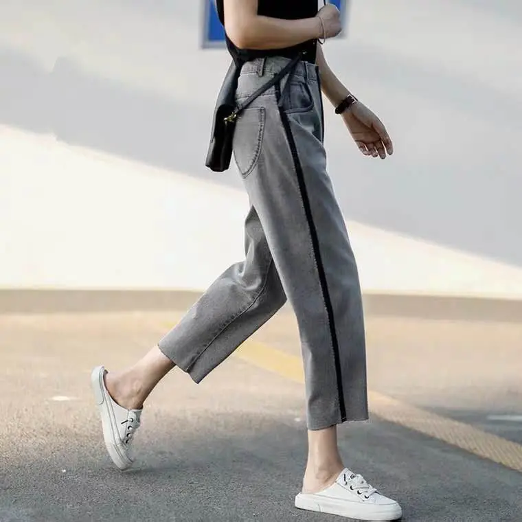 

Grey Denim Harlan Pants Women's Loose Cropped Pants Fashion Spring/summer Side Vertical Stripe Stretch Casual Pants