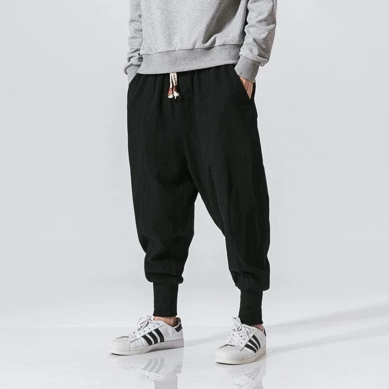 New Cotton Linen Harem Pants Men Solid Elastic Waist Streetwear Joggers Baggy Drop-crotch Pants Casual Trousers