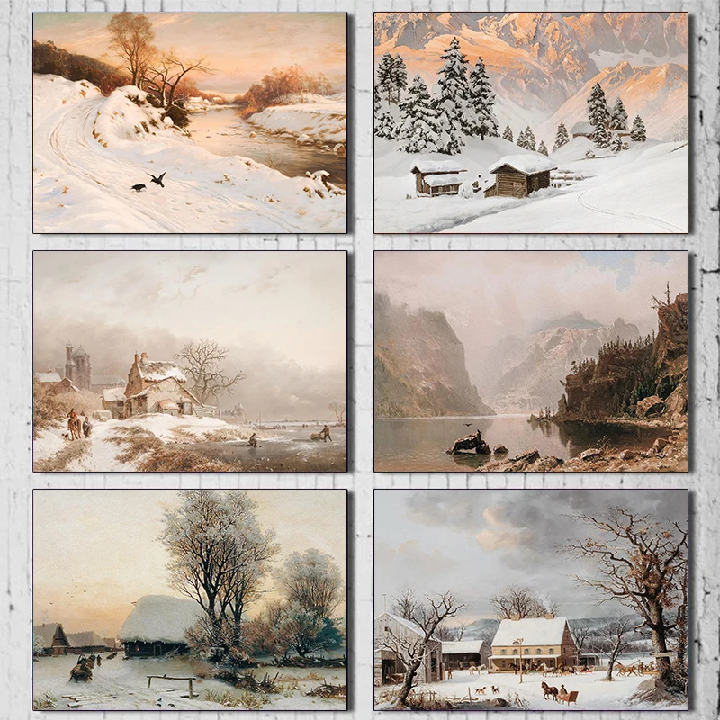 Winter Countryside landscape Glacier Snow Mountain Cabin Vintage Poster Canvas Paintings Wall Art Pictures Home Decor