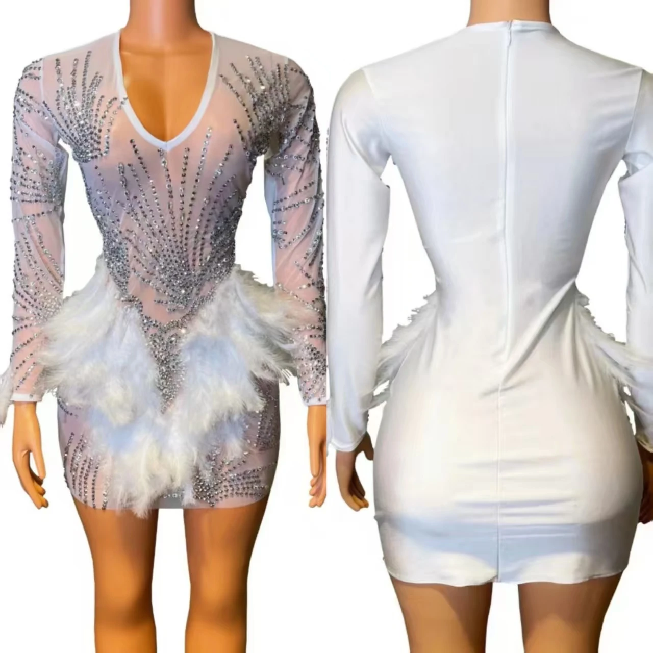 Flamenco lleno de diamantes Vintage Sexy cuello en V pluma Multicolor fiesta diosa club nocturno Bar vestido de noche traje de actuación