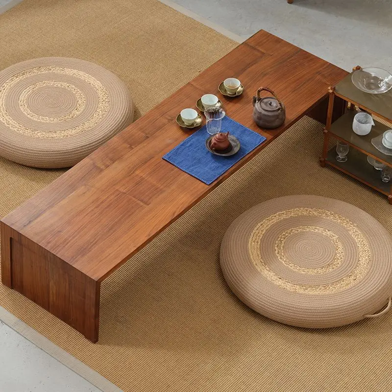 Chinese Style Thick Tatami Floor Cushion, Round Seat Pad for Living Room Balcony Bay Window, Household Home Textile Mat