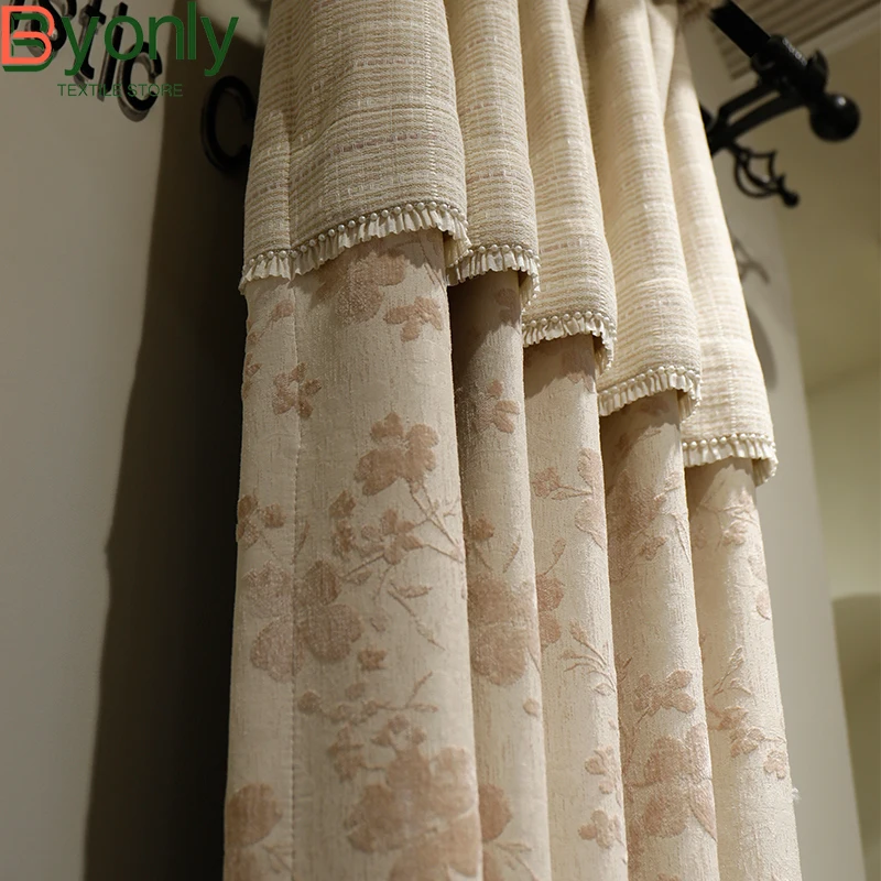 

Pink French Cream Style Linen Cotton Patched Curtains for Living Room Bedroom French Window Balcony Customized Products