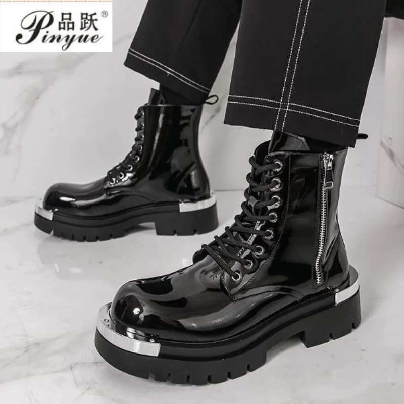 New style riding boots for men British style black casual height-increasing thick-soled high-top leather Punk motorcycle boots