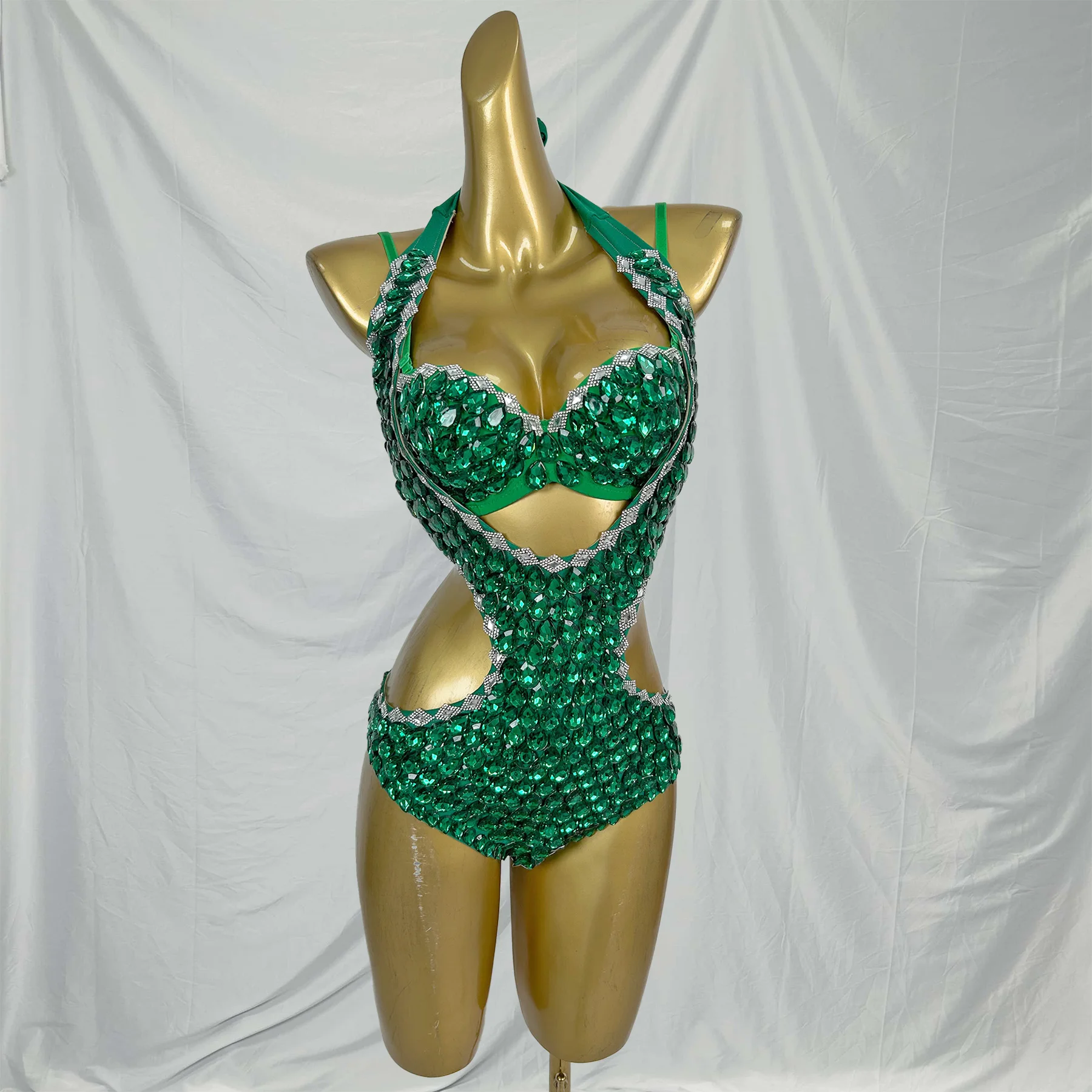 

Сексуальный зеленый бюстгальтер со стразами и кристаллами, боди, комплект из 2 предметов, женский купальник для танца на пилоне, клубный костюм DJ Gogo Dancer Outfit