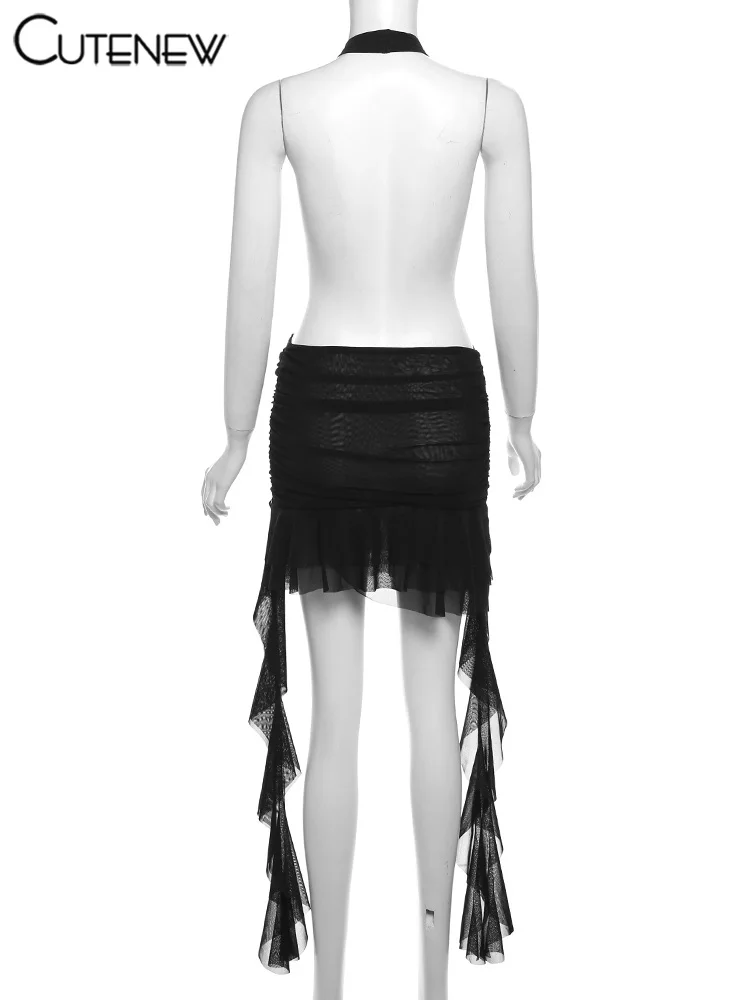 Cutenew Halter Sexy Mini Dress Women Metal Belt Ribbons Backless Sleeveless Deep V-neck Ruffle Robe Sheer Hot New Party Clubwear