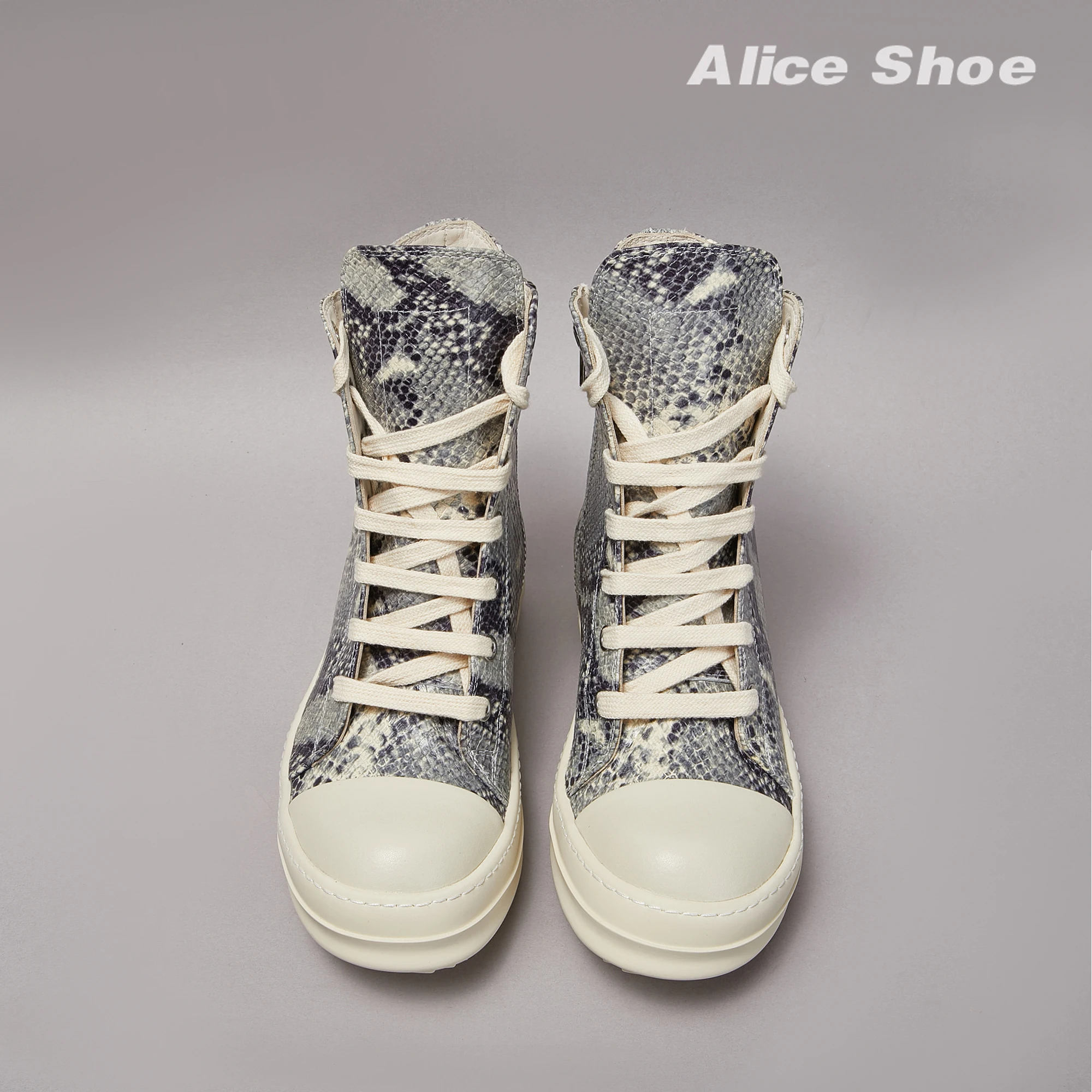 Brand Men Ankle Boot Casual Leather High Top Women Sneaker Python-Embossed Flat Luxury Dark Designer Thick-sole Grey Flat Shoe