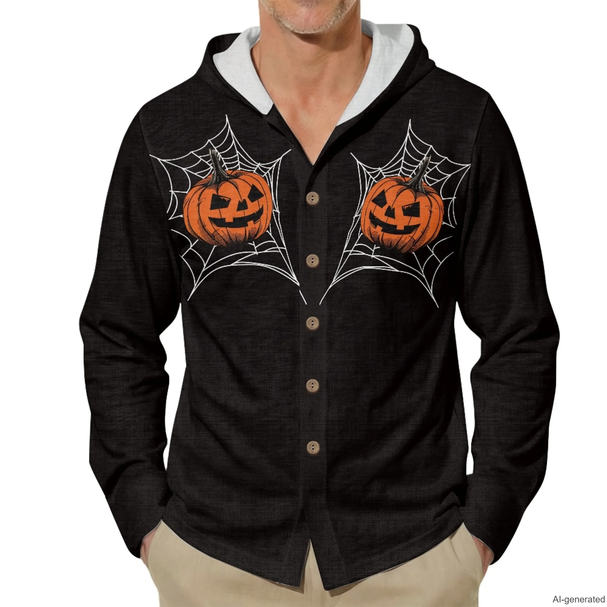 2026 Linen Halloween Pumpkin Funny Print Summer Long-Sleeve T-Shirt for Men Trendy Streetwear Casual Halloween Party Tee inen