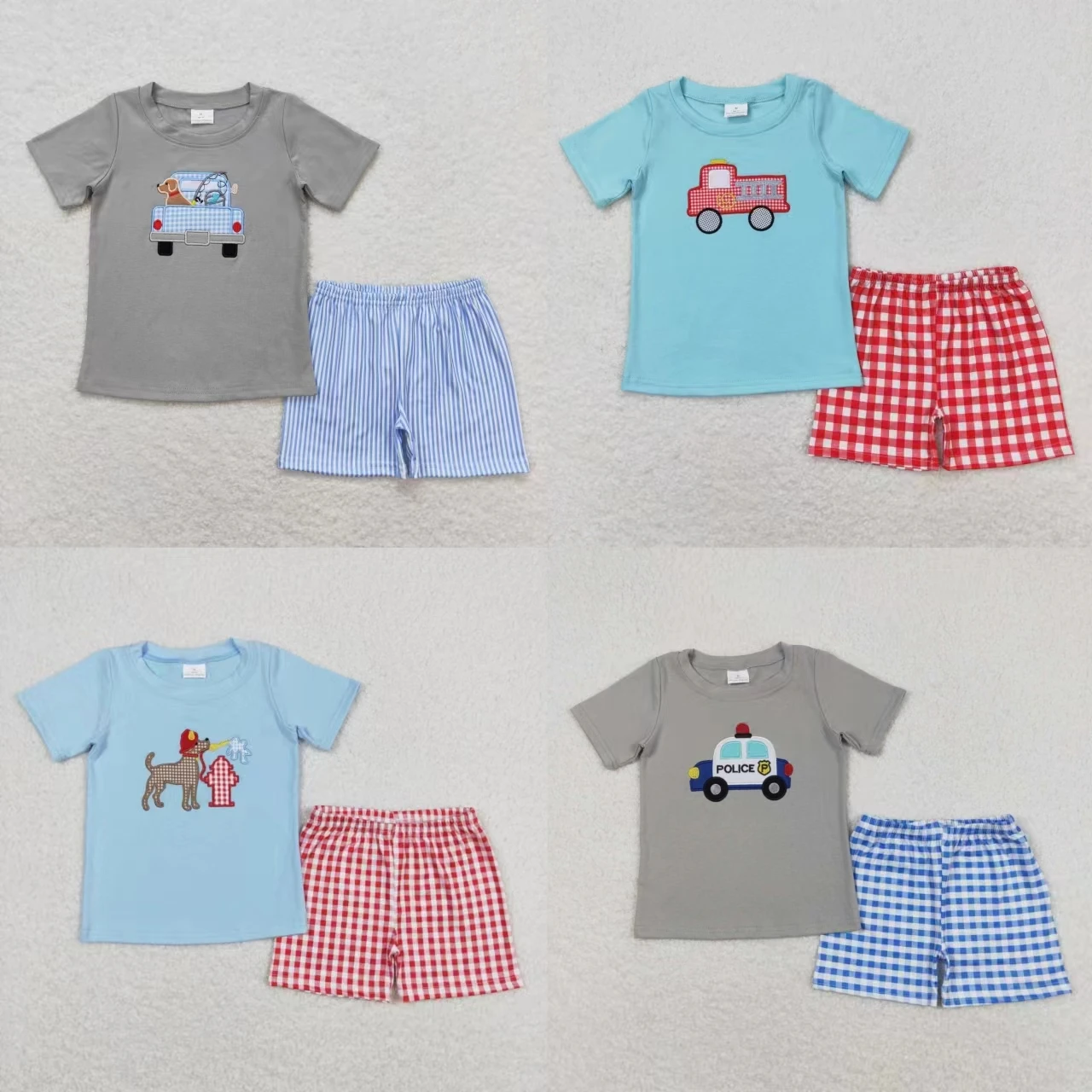 Wholesale Children Embroidery Summer Sets Toddler Short Sleeves Cotton T-shirts Kids Plaid Stripes Shorts Baby Boy Trucks Outfit