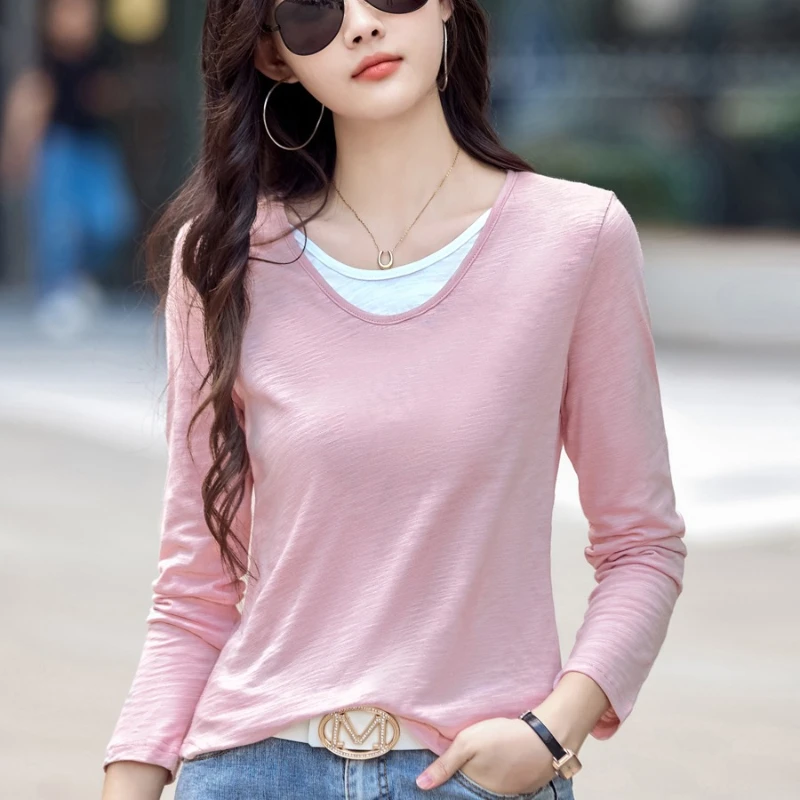 2026 Autumn Winter Pure Cotton V‑Neck Women T‑Shirt Faux Two‑Piece Long Sleeve Tee Fashion Figure‑Flattering Casual Tops ﻿ ﻿