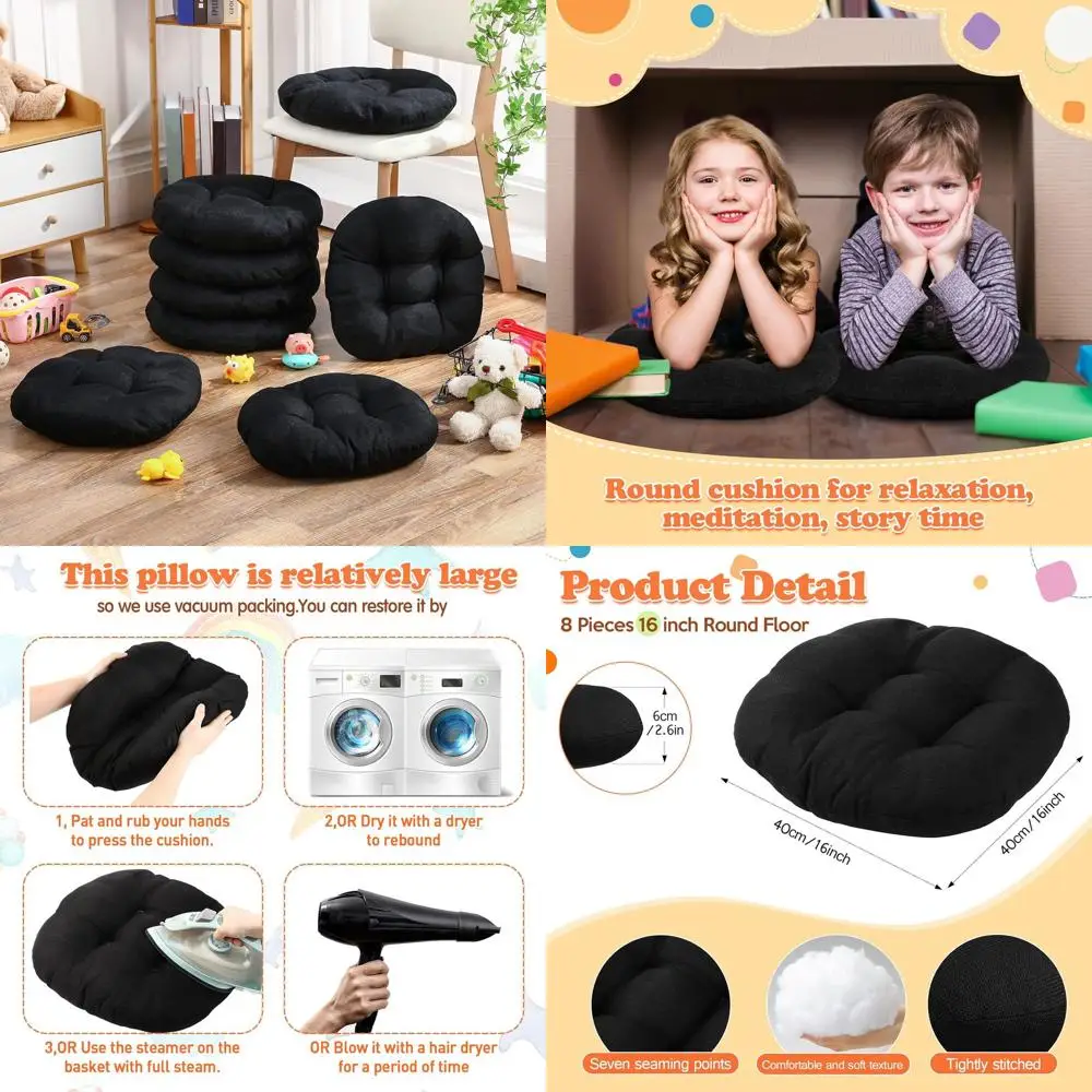 

16 Round Floor Cushions (8-Pack) - Flexible Seating for Kids, Toddlers, Classrooms, Home, Daycare, Preschool, Yoga, and Meditati