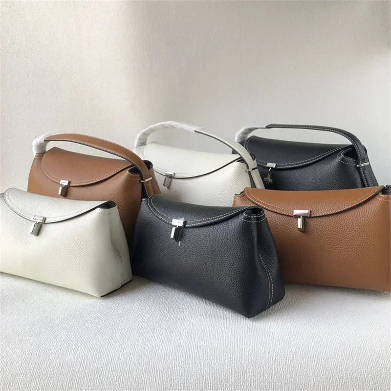 Saco de Embreagem de Couro de Lichia para Senhoras, T-Lock Buckle, Comutação Simples, Grande Capacidade, Bolsa de Ombro, Saco Mensageiro, Nicho Sueco, TToteme