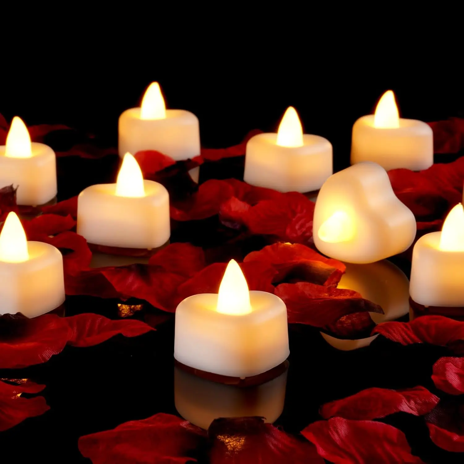 

1000 Artificial Rose Petals with 12 Heart LED Tea Lights for Romantic Decor, Wedding, Anniversary