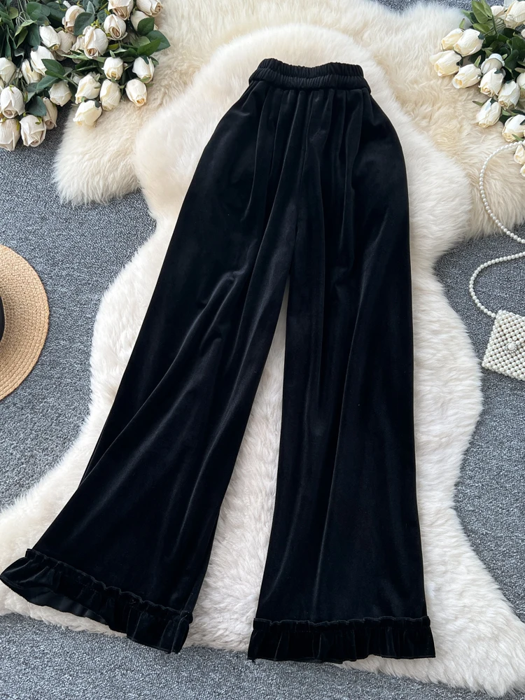 Pantalon décontracté en velours taille haute pour femmes, jambes larges, mode printemps été, épissage de pampilles, taille élastique, coupe ample, pantalon droit