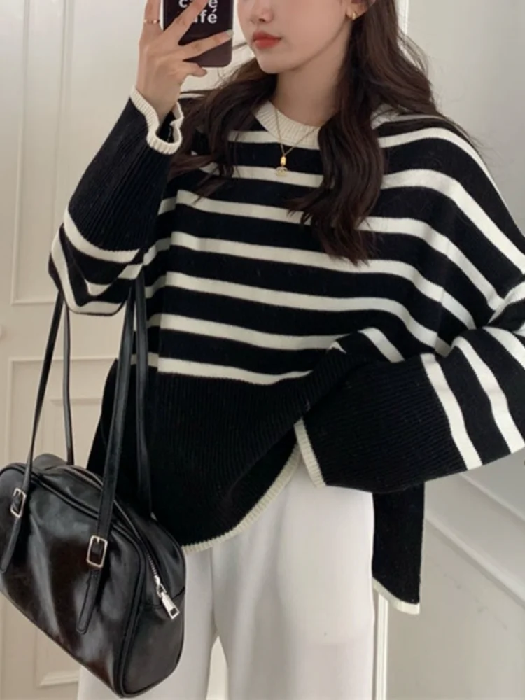 New Autumn Winter Women Sweater Striped Pullover Jumper Traf Sweater Y2K Clothes Pull jumpers Korean Tops Turtleneck jersey