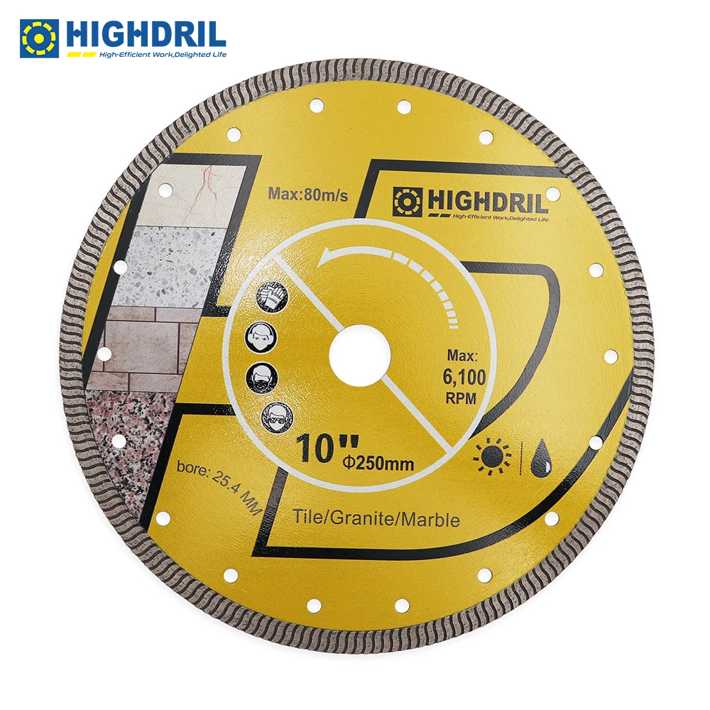 

HIGHDRIL 1pc Diamond Disc Turbo Saw Blades For Ceramic Tile Granite Marble Cutting Wheel Dia250mm On Angle Grinder 22.23mm