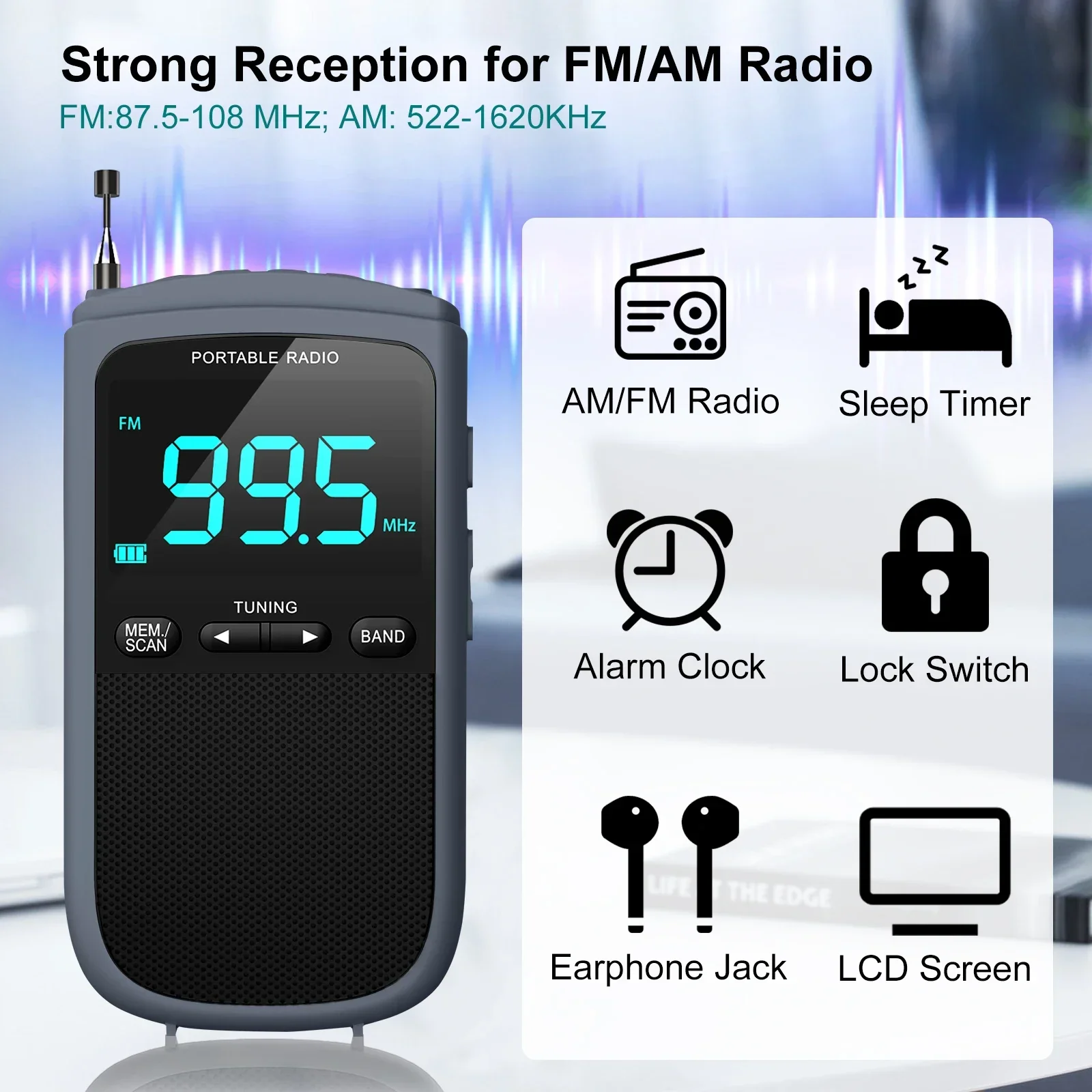 Rechargeable Radio Portable Mini Radios Pocket AM/FM Receiver Stereo Speaker with Alarm Clock for Outdoor Weather Broadcast