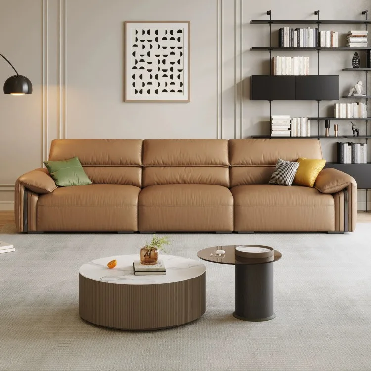 Leather sofa Italian minimalist straight row living room elephant ears high backrest floor down top layer cowhide sofa