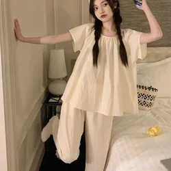 Korean Sleepwear Women Pajama Sets Solid Short Sleeve Pyjamas O-neck Home Suit Piiama Pants Sets 2 Pieces Summer Night Wears New