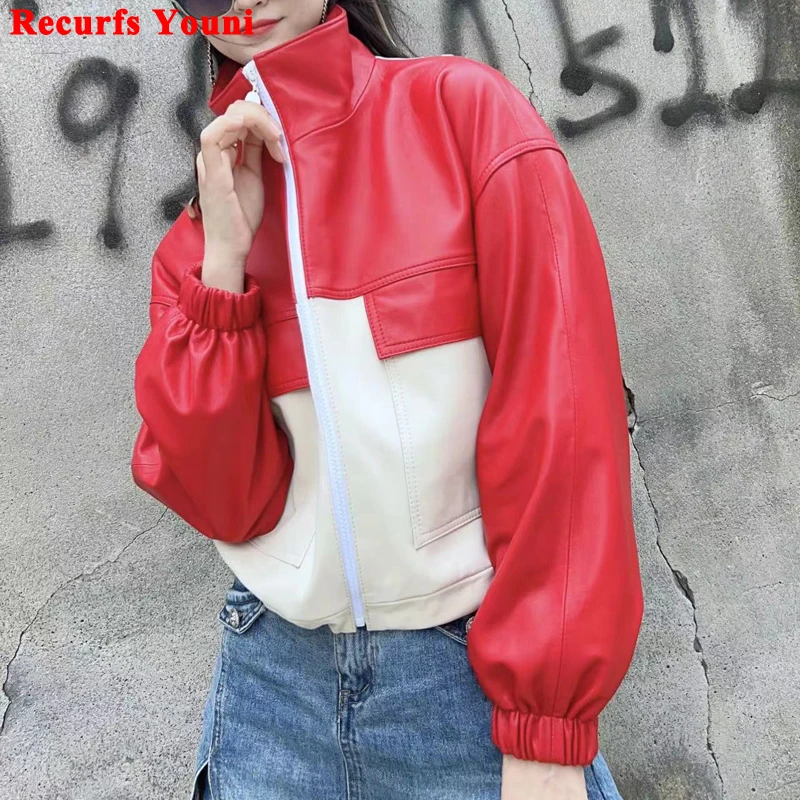 

Red and White Double Color Baseball Jacket for Women Autumn New Edition Alive Genuine Leather Sheepskin Short Coat Outerwears