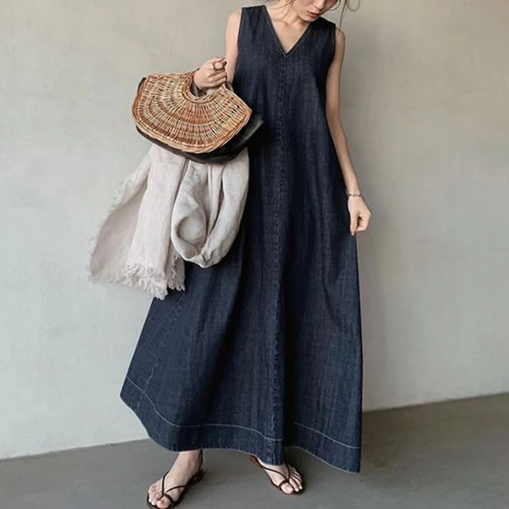 Vestidos de mujer con cuello en V sin mangas vestido sólido con cordones empalmado Denim lavado desgastado hasta el tobillo Vestidos básicos sueltos