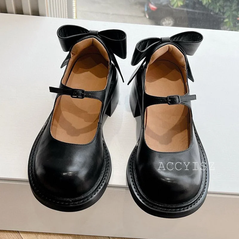 Sepatu hak tinggi tali gesper Chunky sepatu Mary Jane musim semi musim gugur kulit asli simpul pita wanita Pumps ujung bulat sepatu tunggal hak tinggi