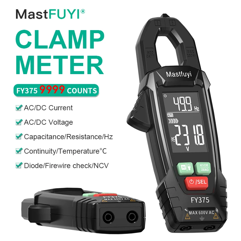 MASTFUYI Digital Clamp Meter FY375 Multimeter DC Current 9999 Counts multifunction  Ammeter Tester Car Amp Hz Capacitance NCV Pr