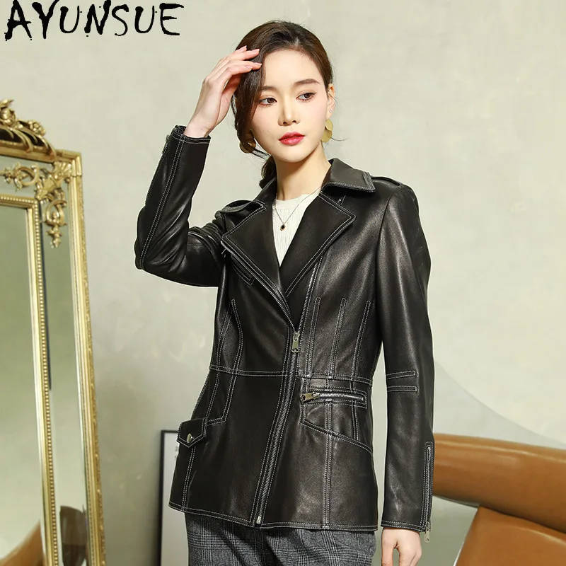 AYUNSUE 100% หนังแกะจริงหนังแจ็คเก็ตผู้หญิง 2025 รถจักรยานยนต์Slim Fitฤดูใบไม้ผลิฤดูใบไม้ร่วงเสื้อผ้าสตรีผักฟอกหนัง
