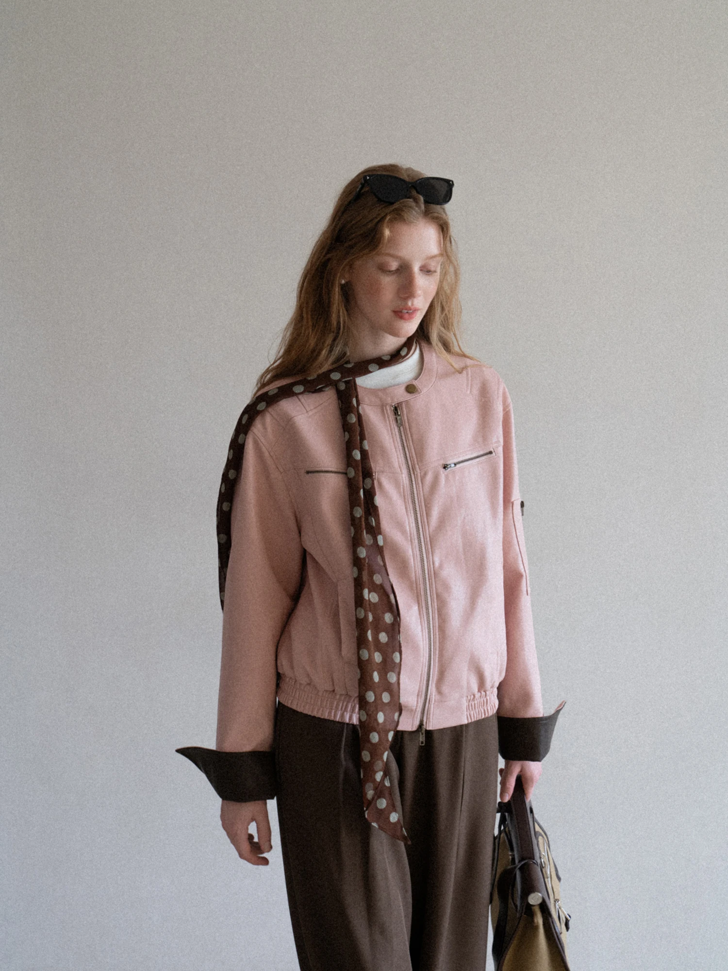 Jaqueta Retro de Couro Rosa com Corte Solto para Mulheres, Moda Colorida Blo, Y50953864, Couro PU, Manga Longa com Zíper