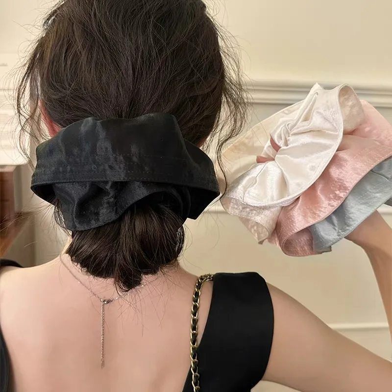 NOVEDAD DE VERANO 20225, moda francesa, coleteros de satén brillantes, Color sólido, mechones de pelo blanco y negro, lazos para el pelo de gran tamaño, bandas para la cabeza