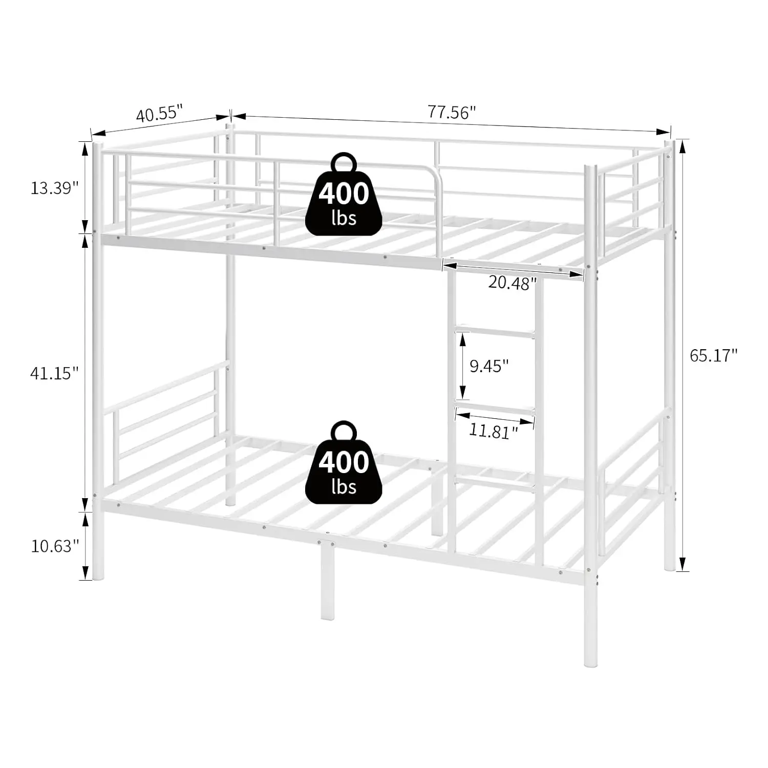 Twin Over Twin Bunk Bed with Ladder & Guardrail, Heavy Duty Metal Slats 400 lbs Capacity No Box Spring Needed, Customized