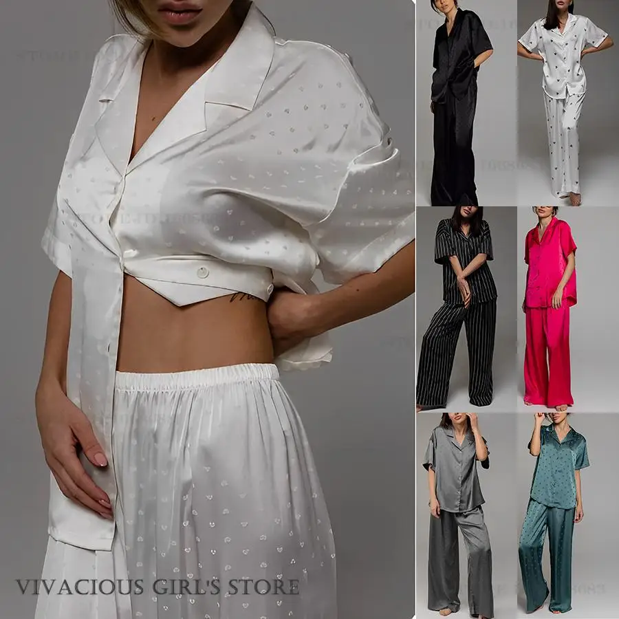 

Fashion Spring Autumn Women's Pajamas Home Clothes Silky Satin Short Sleeve Trouser Sleepwear 2Pcs Set Loose Casual Lounge Wear