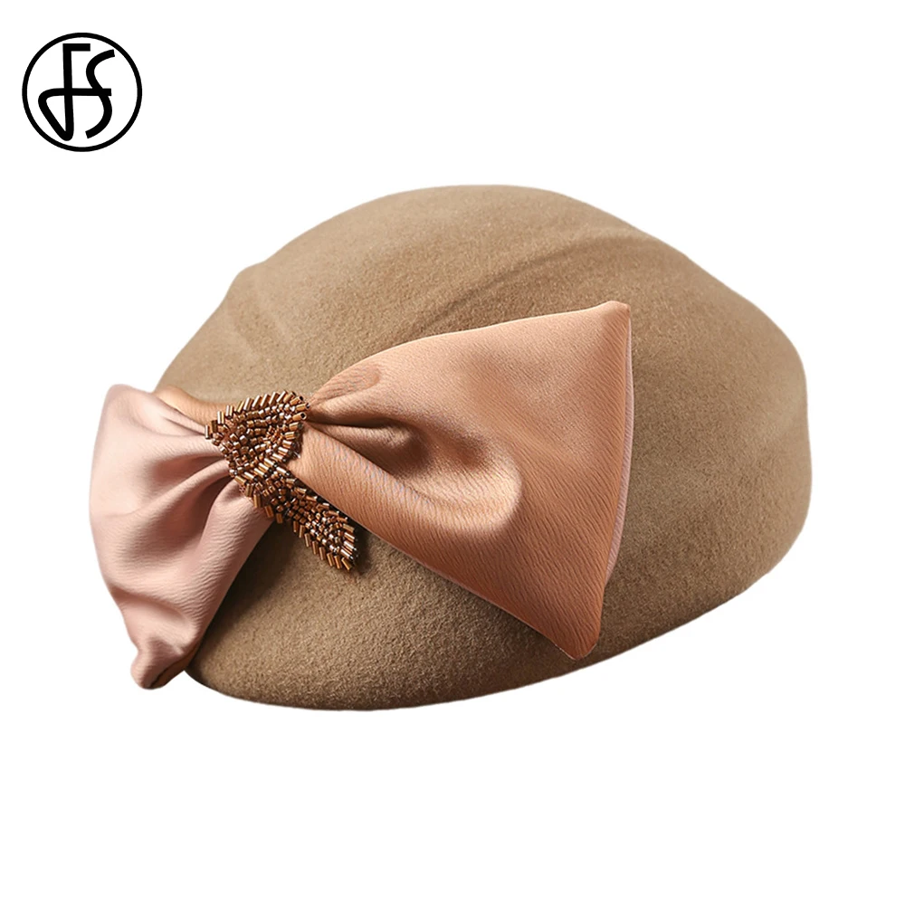 

FS Elegant Small Top Hats For Women Big Bow Versatile Camel Wool Beret Outdoor Wedding Party Cap Ladies Felt Fedoras 2024 Winter