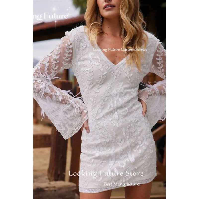 غمد الحديث البسيطة طويلة الأكمام شرابة الدانتيل يزين فستان الزفاف مثير الخامس الرقبة عارية الذراعين الوهم فستان زفاف قصير مخصص