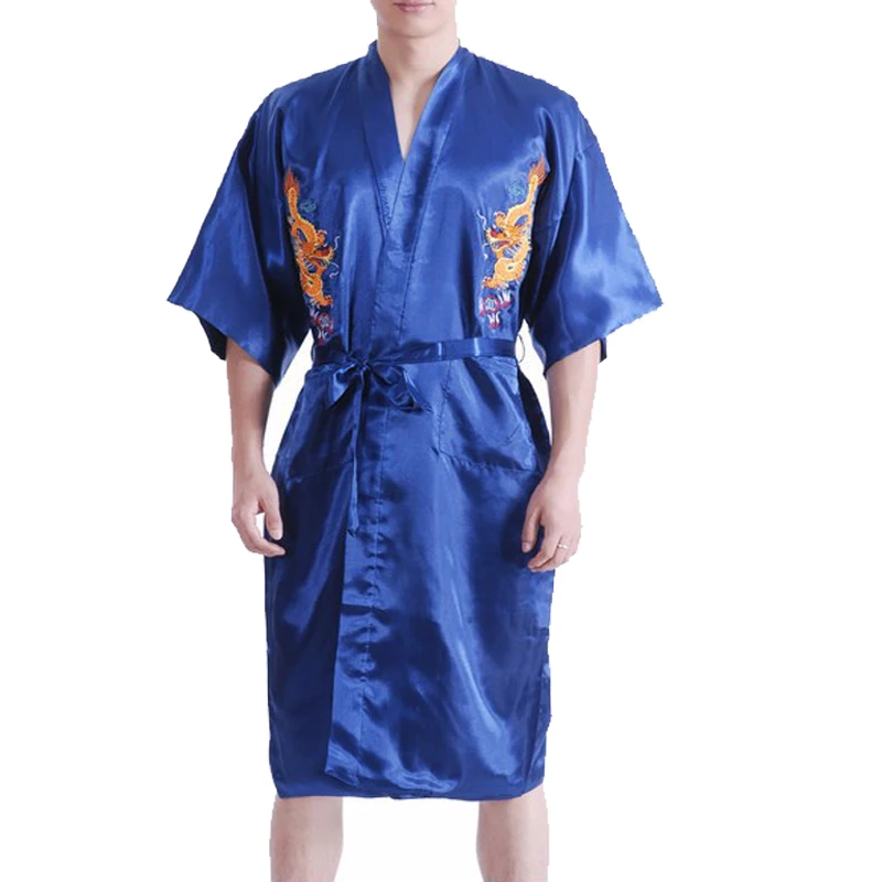 Chinese Style Embroider Dragon Bathrobe Men's Silk Satin Dressing Gown Robe Male Sleepwear With Belt S M L XL XXL XXXL