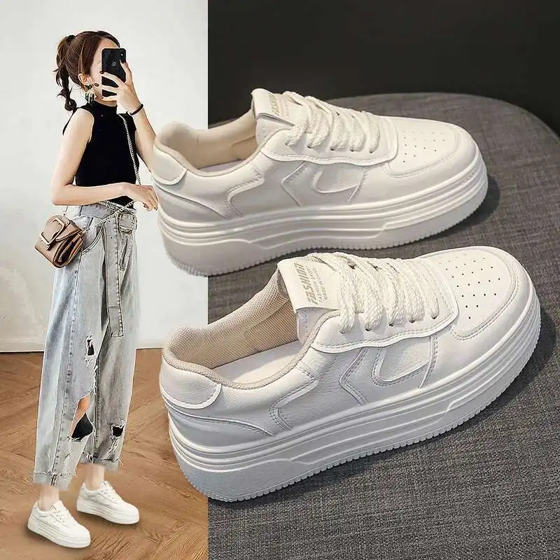 

2025 Spring Shoes New Leather Thick Sole Increase Board Early Korean Version Of All Small White Women Leisure