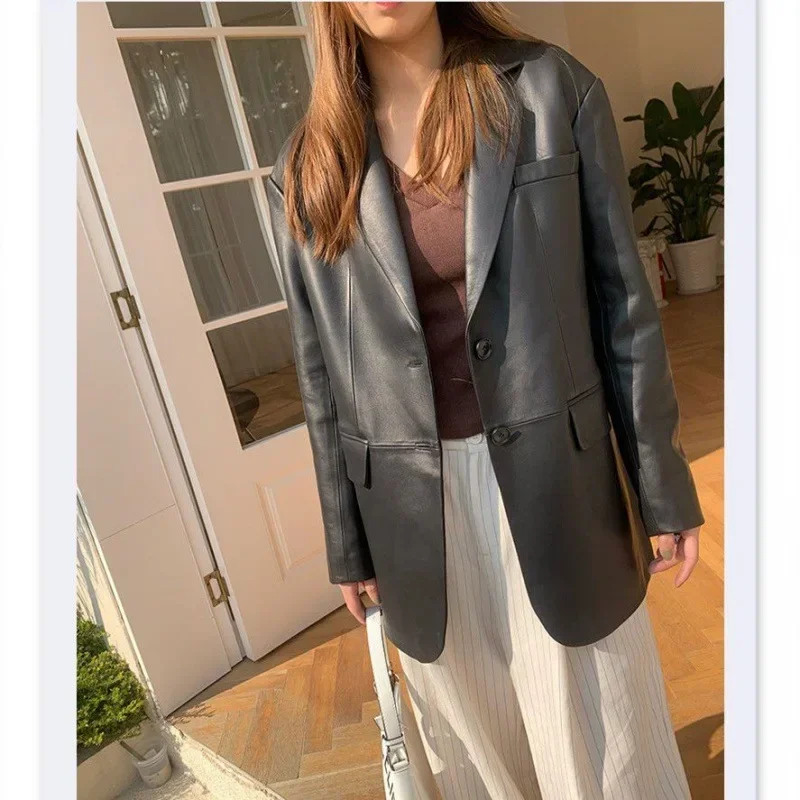 2025 Spring And Autumn New Sheepskin Leather Long Trench Coat   Suit Jacket Woman