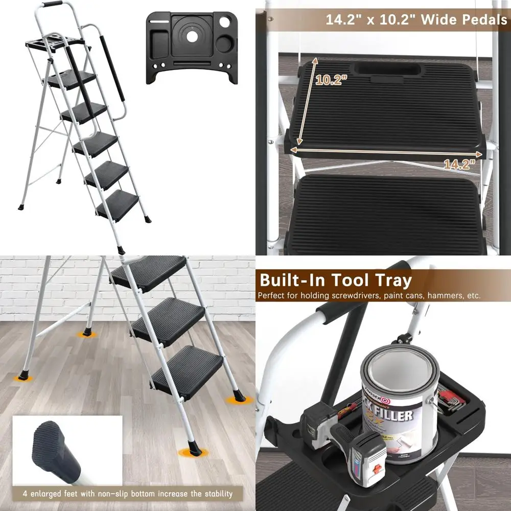 

Folding Step Ladder with Handrails and Tool Platform, 330 lb Capacity, Portable Step Stool for Adults with Enhanced Safety Featu