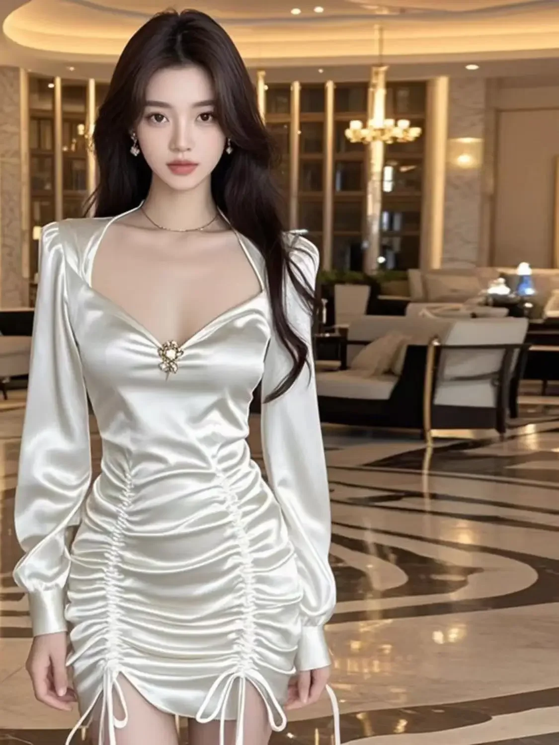 ฤดูใบไม้ผลิภาษาฝรั่งเศสคําElegantเซ็กซี่Vคอจีบซาติน 2000S Party Dress 2025 ใหม่เกาหลีแฟชั่นหรูหราชุดสั้นผู้หญิง